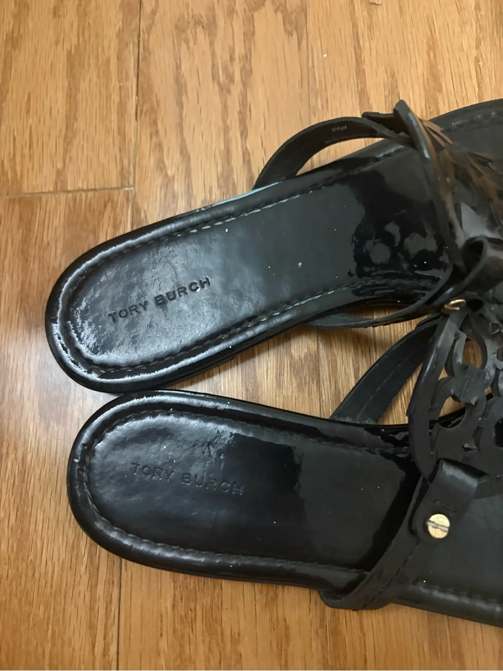 Tory Burch Black Patent Leather Logo Thong Sandals